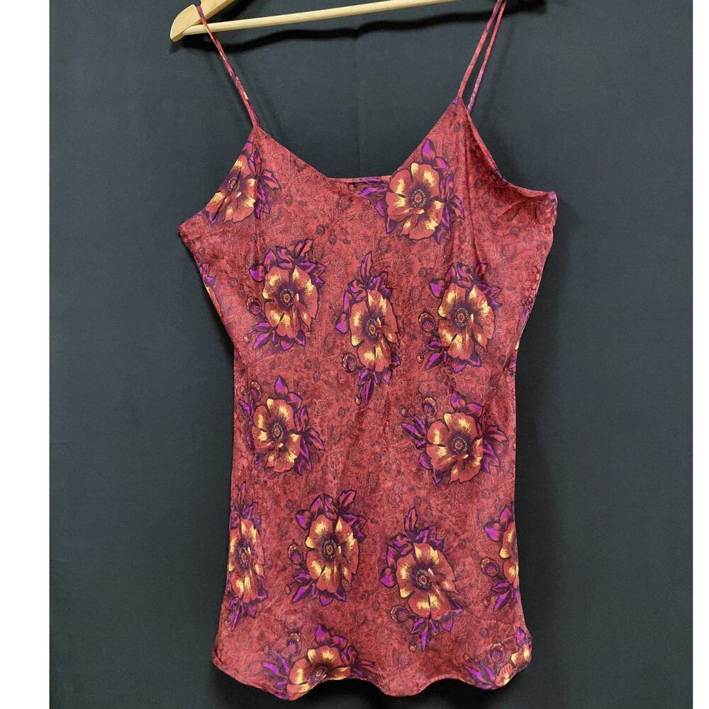 Delicates Silk Floral Camisole Top Red Sleeveless V-Neck 100% Silk Women Size XL